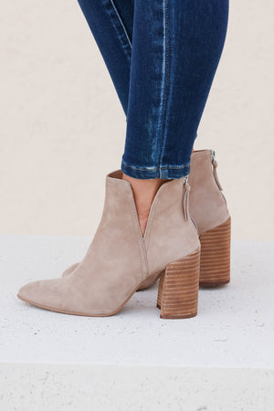 STEVE MADDEN Thrived Bootie - Taupe Suede closet candy women's trendy v-cut top line pointy toe back zipper stacked block heel suede booties 5