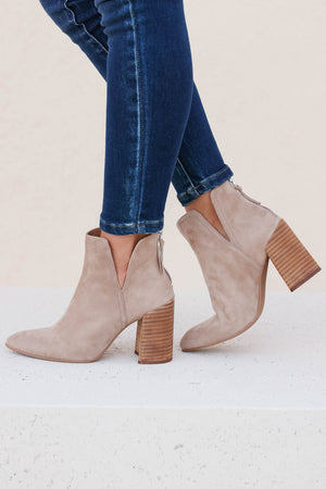 STEVE MADDEN Thrived Bootie - Taupe Suede closet candy women's trendy v-cut top line pointy toe back zipper stacked block heel suede booties 1