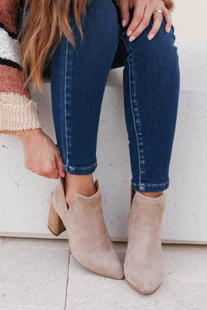 STEVE MADDEN Thrived Bootie - Taupe Suede closet candy women's trendy v-cut top line pointy toe back zipper stacked block heel suede booties 3