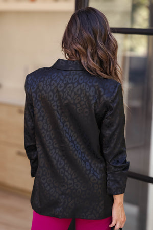 Ready For Anything Animal Print Embossed Blazer - Black closet candy women's trendy ruched 3/4 sleeve shoulder padded shawl lapel collar animal print embossed satin blazer back