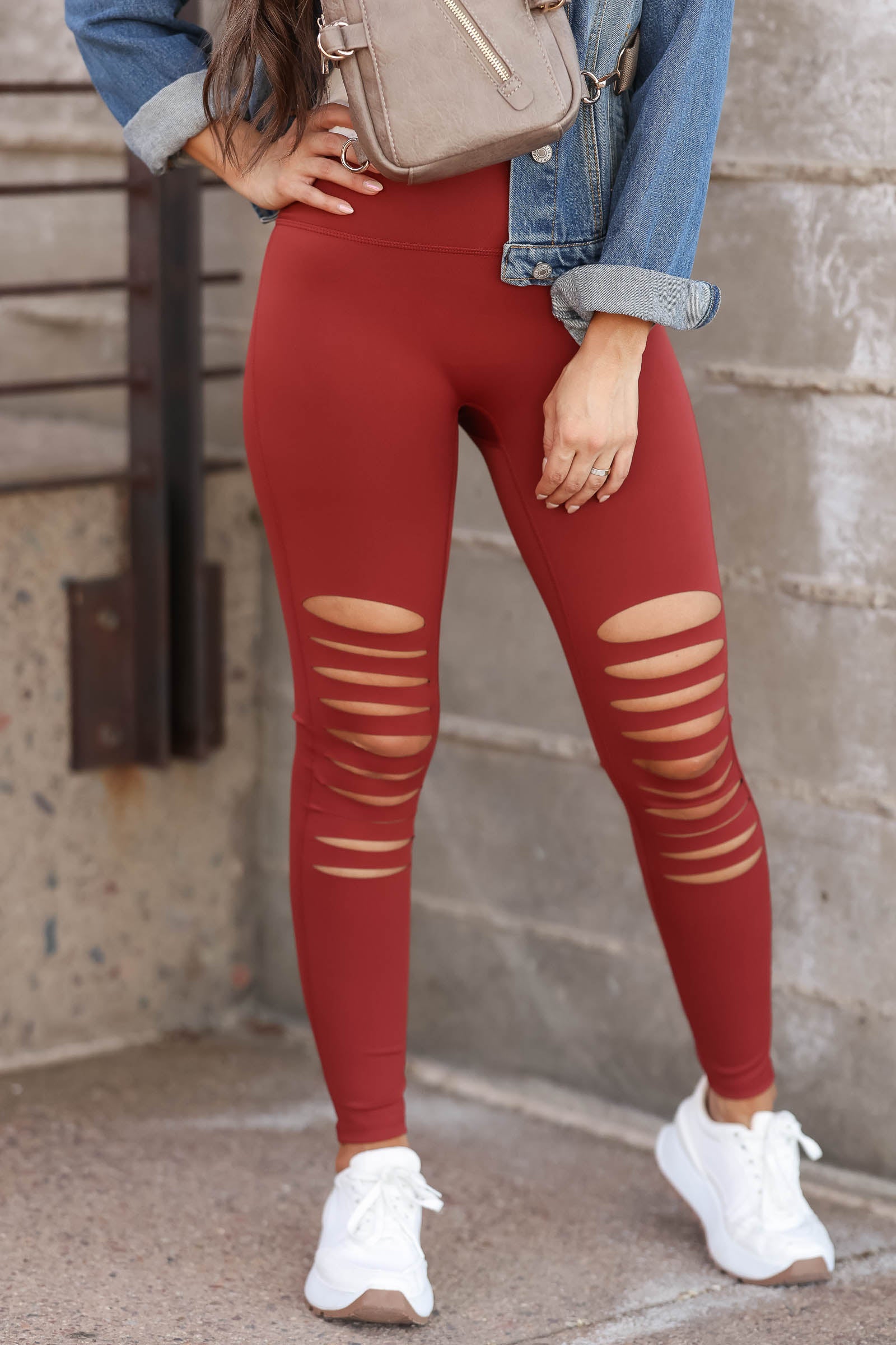 She's Torn Laser Cut Leggings - Rust closet candy women's trendy high waist front laser cut stretchy athletic leggings side