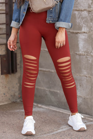 She's Torn Laser Cut Leggings - Rust closet candy women's trendy high waist front laser cut stretchy athletic leggings front 3