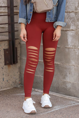 She's Torn Laser Cut Leggings - Rust closet candy women's trendy high waist front laser cut stretchy athletic leggings front 2