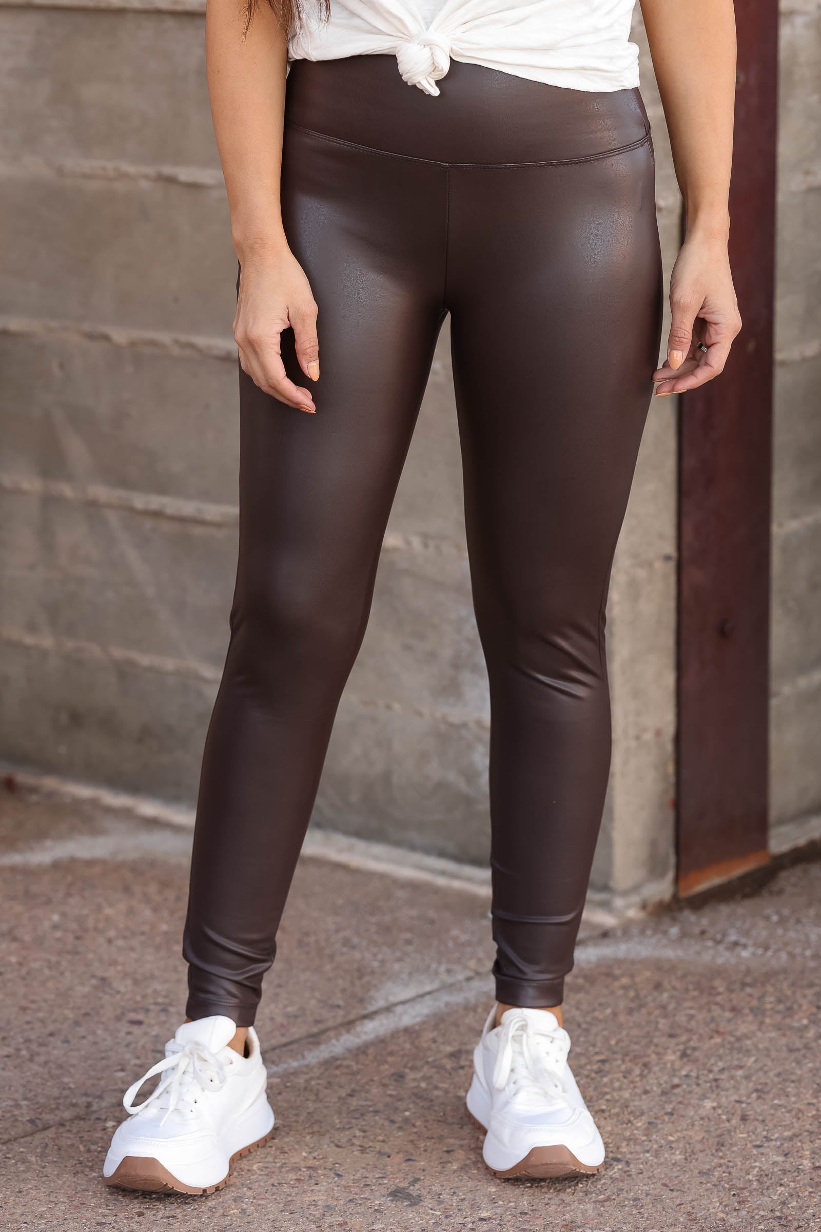 It's A Vibe Vegan Leather Leggings - Chocolate closet candy women's trendy vegan leather leggings Front