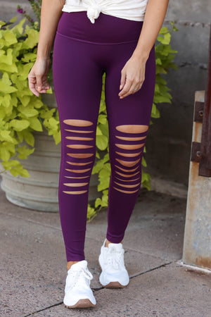 She's Torn Laser Cut Leggings - Plum closet candy women's trendy high waist front laser cut stretchy athletic leggings Front 2