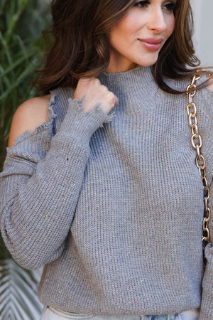 CBRAND Stay Original Cold Shoulder Sweater - Heather Grey closet candy women’s trendy mock turtleneck cold shoulder knit pullover sweater with distressed cuffs, hem and cut outs Front 2