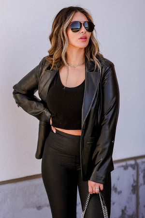 CBRAND Back to Business Vegan Leather Blazer - Black closet candy womens trendy exclusive long sleeve single button pockets notched lapel black leather blazer front 5