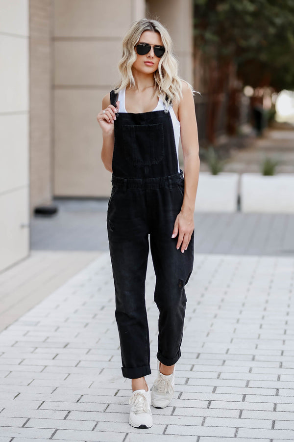 RISEN Valentina Distressed Overalls - Black - Closet Candy Boutique