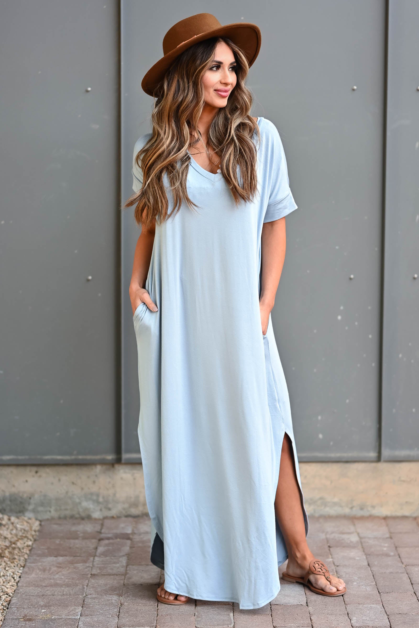 I'll Be By The Pool Maxi Dress - Sky Blue women's maxi dress featuring v-neckline, short dolman sleeves, side pockets, and rounded bottom hem with side slit detail closet candy front