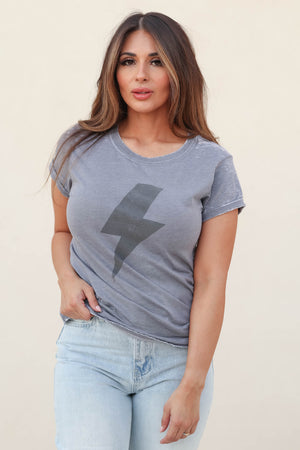 "ACDC" Lighting Bolt Graphic Tee - Grey closet candy womens trendy short sleeve round neck soft front lightning bolt back ACDC graphics t-shirt front