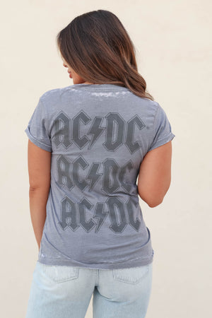 "ACDC" Lighting Bolt Graphic Tee - Grey closet candy womens trendy short sleeve round neck soft front lightning bolt back ACDC graphics t-shirt back