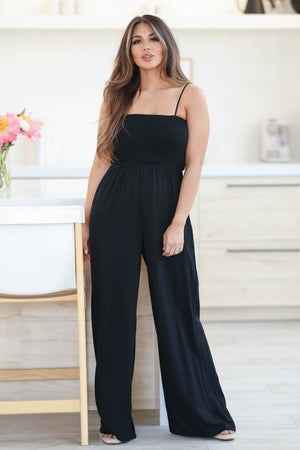 Lucky In Love Smocked Jumpsuit - Black closet candy women's trendy spaghetti strap smocked bodice side pockets wide leg jumpsuit front 2