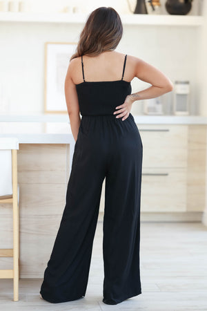 Lucky In Love Smocked Jumpsuit - Black closet candy women's trendy spaghetti strap smocked bodice side pockets wide leg jumpsuit back