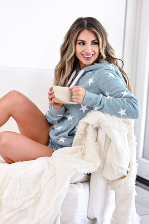 Make Yourself At Home Star Hoodie - Marled Dusty Blue womens casual hooded star print sweatshirt closet candy sitting 2