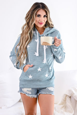 Make Yourself At Home Star Hoodie - Marled Dusty Blue womens casual hooded star print sweatshirt closet candy front