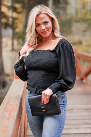 CBRAND Sweet Dreams Are Made of This Top - Black closet candy women's trendy off the shoulder smocked long sleeve top front 2