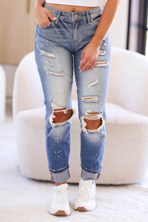 KAN CAN Jenna Distressed Skinny Jeans - Medium Wash womens trendy paint splatter high rise distressed denim closet candy front 2