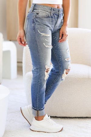 KAN CAN Jenna Distressed Skinny Jeans - Medium Wash womens trendy paint splatter high rise distressed denim closet candy side